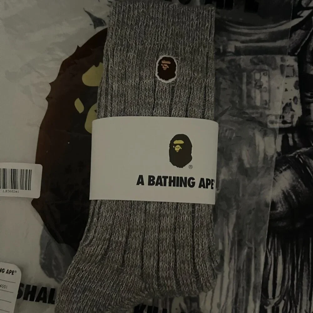 BAPE A Bathing Ape Head Embroidered Crew Socks One Pair Gray M